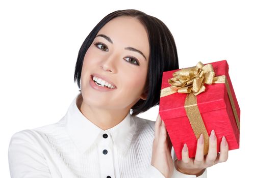 Smiling woman with the red gift box, white background, copyspace
