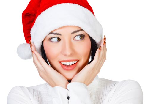 Woman with christmas hat, white background, copyspace