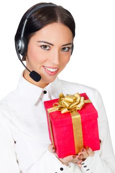 Call center operator with a gift box, white background, copyspace.