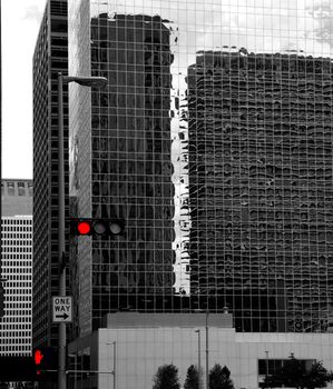 Black and white Houston Texas downtown mirror buildings detail