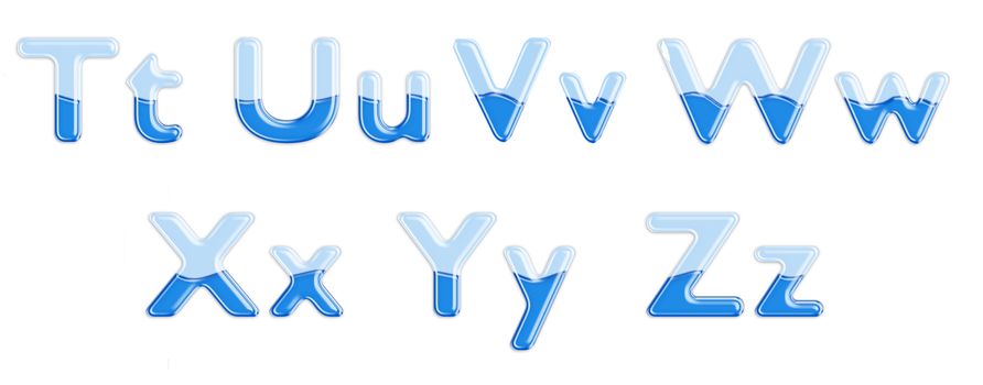 Set of glass letters half-full of blue liquid