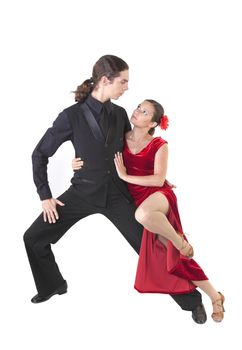 Young couple dancing tango isolated over white