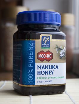 Wroclaw, Poland – April 3, 2013: Close-up of the Manuka Honey jar, product of the New Zealand company Manuka Health.