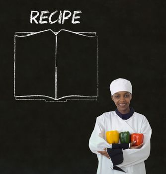 Chef with recipe book on chalk blackboard menu writing background