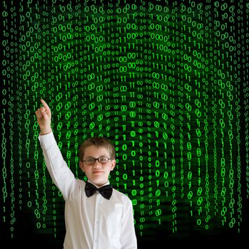 Boy, businessman, student or teacher with binary on blackboard background