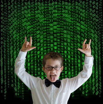 Boy, businessman, student or teacher with binary on blackboard background