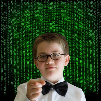 Boy, businessman, student or teacher with binary on blackboard background