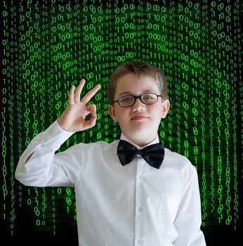Boy, businessman, student or teacher with binary on blackboard background