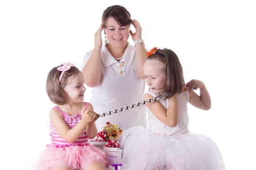 Mother having headache of two daughters quarreling isolated on white