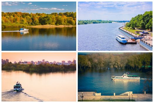 Passenger Cruise Ship On River. Set, Collage