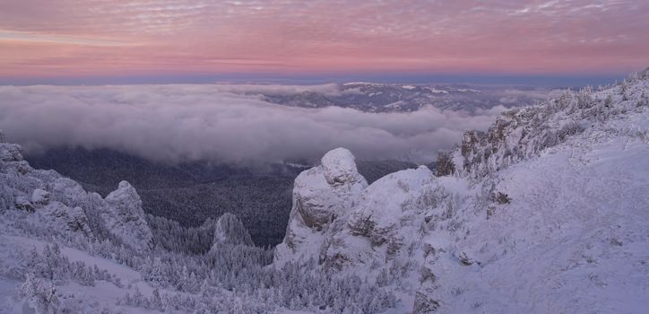 landscape of winter mountain sunset in Romania