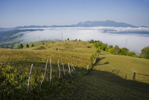 Mountain clouds misty landscape in Romania, mountain view