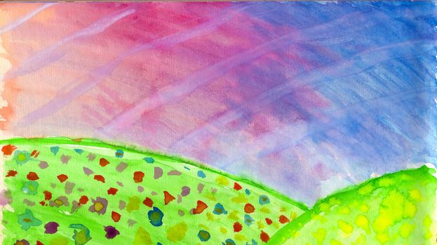 Hand Painted Bright Landscape On Watercolor Paper
