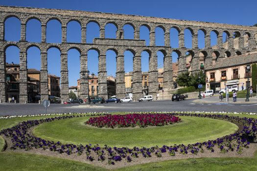 The Roman Aqueduct in the city of Segovia in the Castilla-y-Leon region of central Spain.
