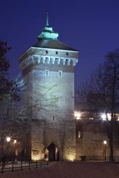 The tower of St. Florian's Gate, one of the entrances to the old medieval walled city of Krakow in Poland.