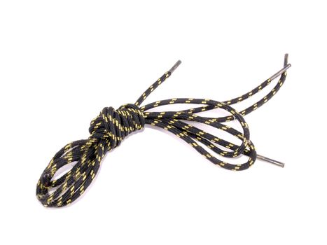 Yellow and black boot or shoe laces on a white background.