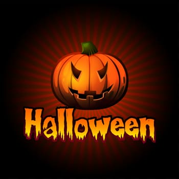 halloween illustration with text, drawn pumpkin and blood red rays