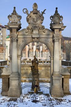 Entrance to the catacombs in the grounds of the Paulite Church on the Rock in the Kazimierz District of Krakow in Poland.