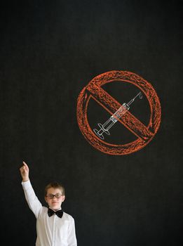 Hand up answer boy dressed up as business man with no drugs needle sign on blackboard background