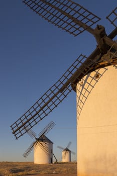 Late afternoon sunlight on the windmill in Campo de Criptana in the La Mancha region of central Spain.