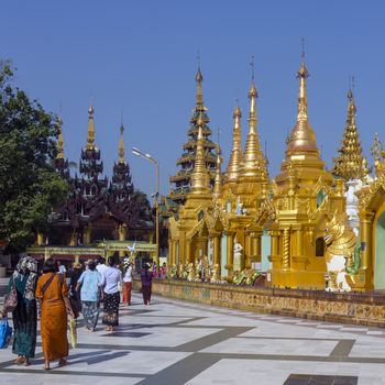Temples in Shwedagon Pagoda complex, officially titled Shwedagon Zedi Daw, in the city of Yangon in Myanmar (Burma).