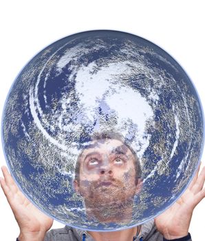 man holds the earth and looks inside