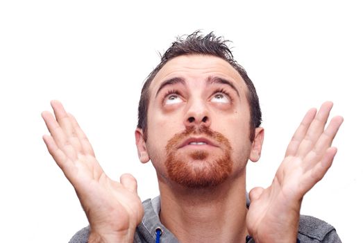 Close up man with open hands and looking up ,meditating