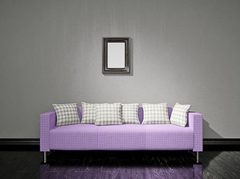 Violet sofa with pillows near the old wall