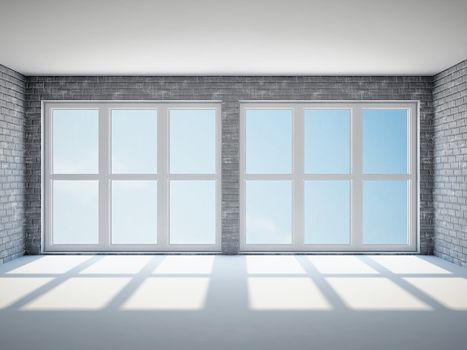 Empty room with brick wall and panoramic windows