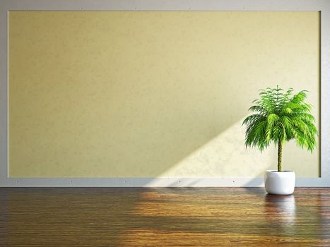 A  green plant near the plastered wall