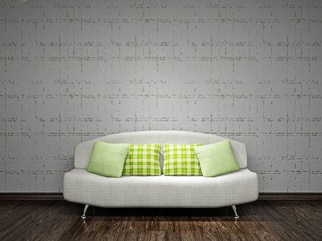 White sofa with pillows near the concrete wall