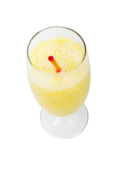 glass of fresh pineapple and banana juice with red straw