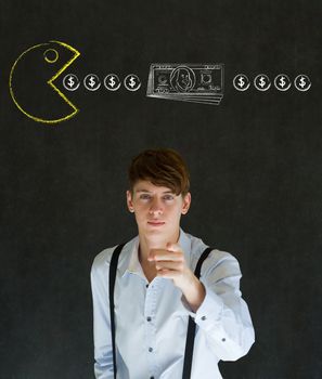 Business man with chalk pacman on blackboard background