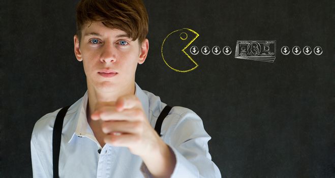 Business man with chalk pacman on blackboard background
