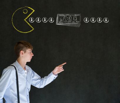 Business man with chalk pacman on blackboard background