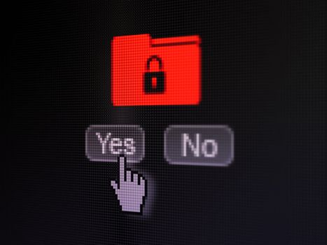 Business concept: buttons yes and no with pixelated Folder With Lock icon and Hand cursor on digital computer screen, selected focus 3d render