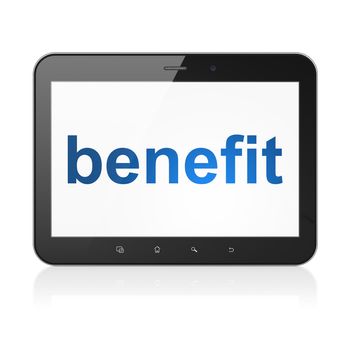 Business concept: black tablet pc computer with text Benefit on display. Modern portable touch pad on White background, 3d render