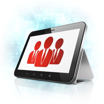 Marketing concept: black tablet pc computer with Business People icon on display. Modern portable touch pad on Blue Digital background, 3d render