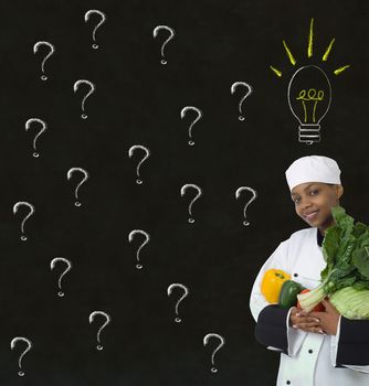 African American Chef with chalk question ideas on blackboard background