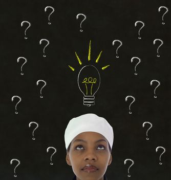 African American Chef with chalk question ideas on blackboard background
