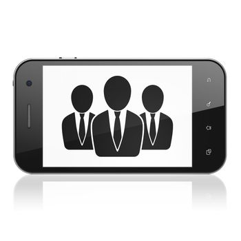Law concept: smartphone with Business People icon on display. Mobile smart phone on White background, cell phone 3d render