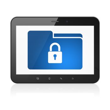 Business concept: black tablet pc computer with Folder With Lock icon on display. Modern portable touch pad on White background, 3d render