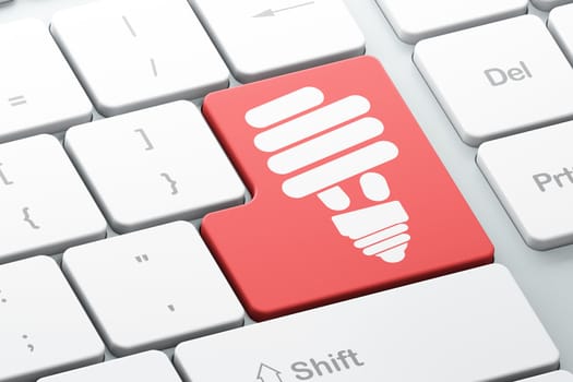 Finance concept: Enter button with Energy Saving Lamp on computer keyboard background, 3d render