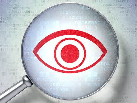 Protection concept: magnifying optical glass with Eye icon on digital background, 3d render