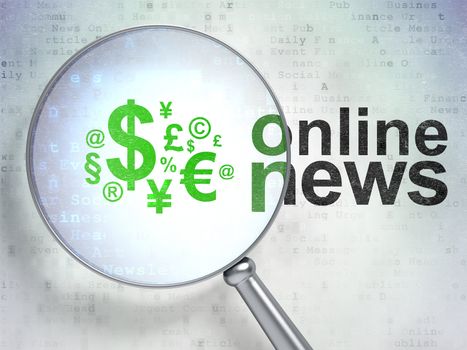 News concept: magnifying optical glass with Finance Symbol icon and Online News word on digital background, 3d render