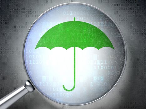 Safety concept: magnifying optical glass with Umbrella icon on digital background, 3d render