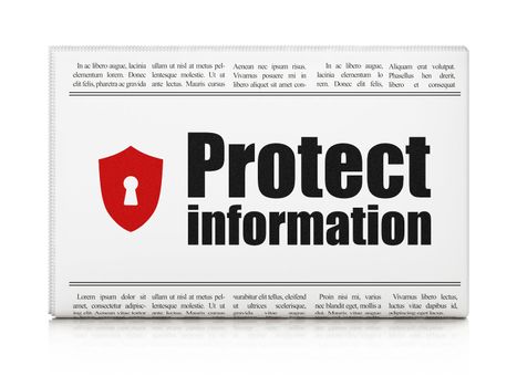 Privacy news concept: newspaper headline Protect Information and Shield With Keyhole icon on White background, 3d render