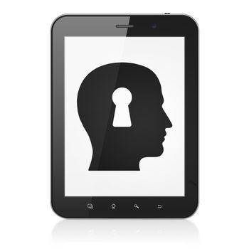 Protection concept: black tablet pc computer with Head With Keyhole icon on display. Modern portable touch pad on White background, 3d render