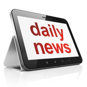 News concept: black tablet pc computer with text Daily News on display. Modern portable touch pad on White background, 3d render