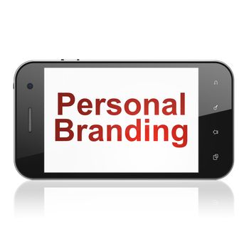 Advertising concept: smartphone with text Personal Branding on display. Mobile smart phone on White background, cell phone 3d render